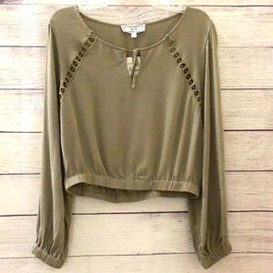 Hippie Rose Boho Shirred Tie Front Crochet Detail Crop Top Olive Green NWT